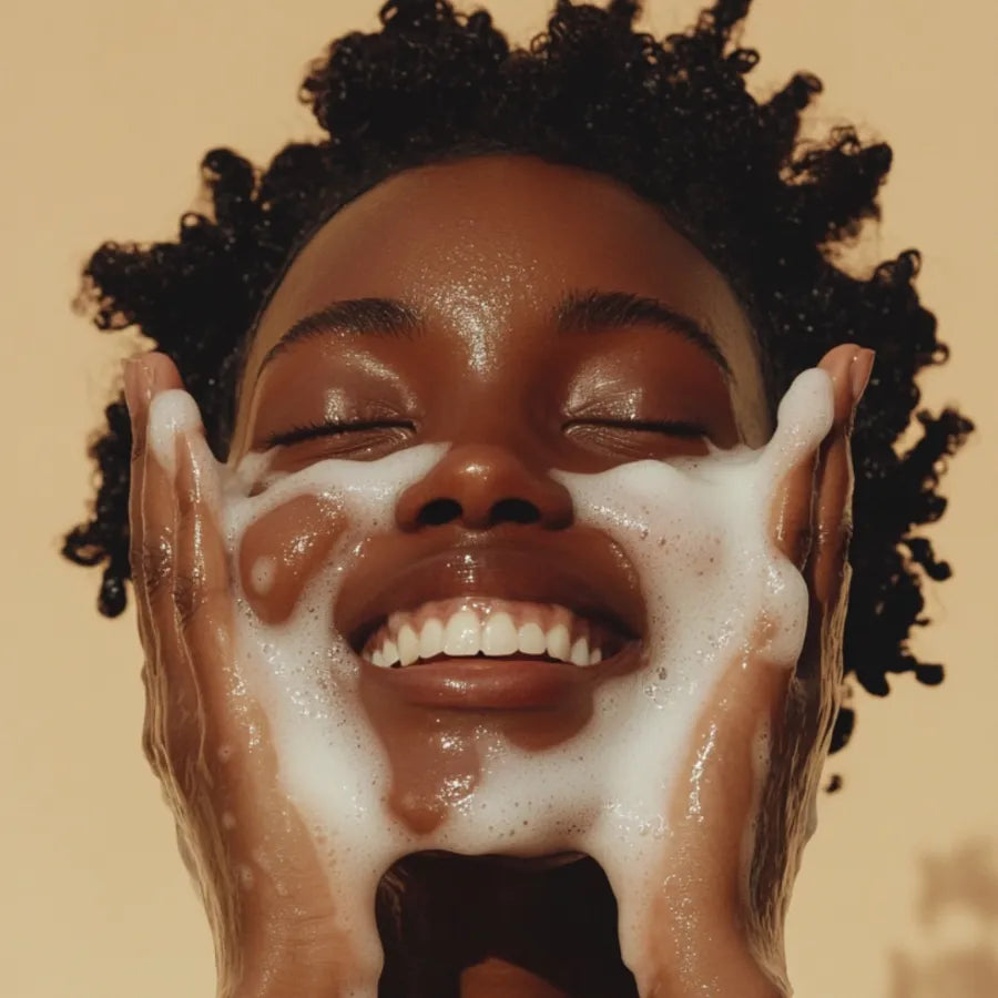 Smiling woman washing her face with foamy cleanser, eyes closed in joy.